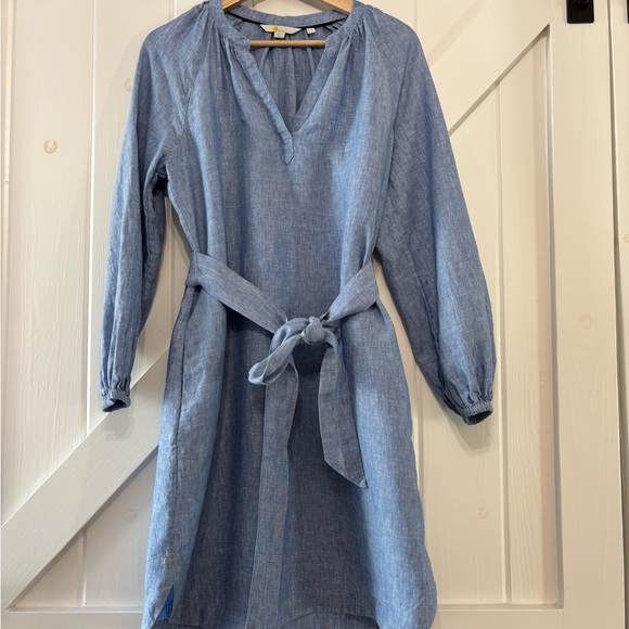 Boden Chambray Blue Long Sleeve Linen Sheath Dress Tie Waist 8L - Picture 3 of 9